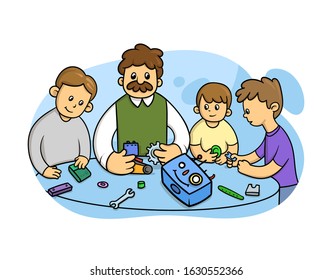 Kids learning robotics with a teacher, assembling a robot. Flat style vector illustration isolated on white background.