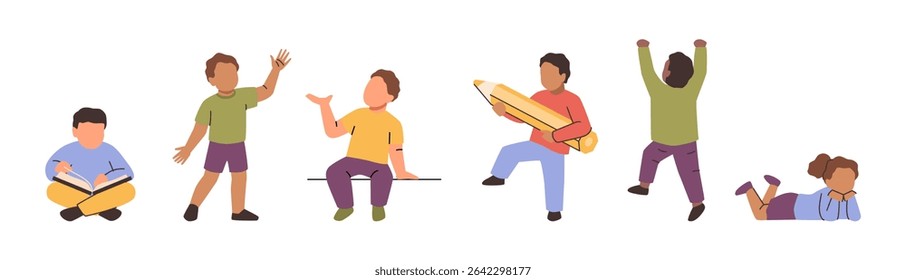 Kids learning and studying. Vector isolated active children reading book, laying on ground and relaxing. Small personage with large pencil. Drawing or writing, creative school pupils with no face