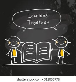 Kids learning together, reading a book. Kids with speech bubble, chalk on blackboard hand drawn doodle style vector illustration.