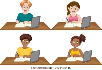 Kids learning together using books and laptops