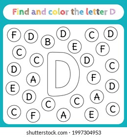 Kids learning worksheet, find and color letters. Educational game for pre-school children's activities, learn to recognize the alphabet. Simple flat vector EPS 10. Editable, printable. Letter D.
