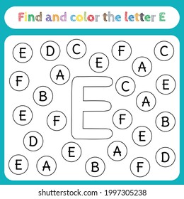Kids learning worksheet, find and color letters. Educational game for pre-school children's activities, learn to recognize the alphabet. Simple flat vector EPS 10. Editable, printable. Letter E.