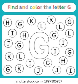 Kids learning worksheet, find and color letters. Educational game for pre-school children's activities, learn to recognize the alphabet. Simple flat vector EPS 10. Editable, printable. Letter G.