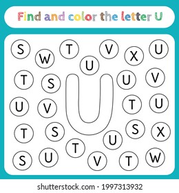 Kids learning worksheet, find and color letters. Educational game for pre-school children's activities, learn to recognize the alphabet. Simple flat vector EPS 10. Editable, printable. Letter U.
