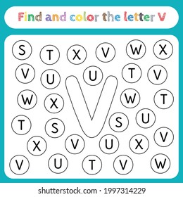 Kids learning worksheet, find and color letters. Educational game for pre-school children's activities, learn to recognize the alphabet. Simple flat vector EPS 10. Editable, printable. Letter V.