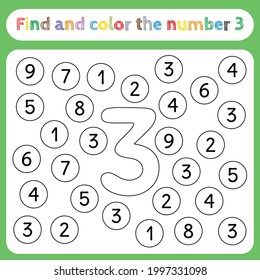 Kids learning worksheets, find and color numbers. Educational game for preschool children activities, learn to recognize numbers. Simple flat vector EPS 10. Editable, printable. Number 3.