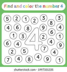 Kids learning worksheets, find and color numbers. Educational game for preschool children activities, learn to recognize numbers. Simple flat vector EPS 10. Editable, printable. Number 4.