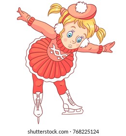 Kids Leisure Activities. Cartoon girl learning how to skate. Design for children's coloring book.