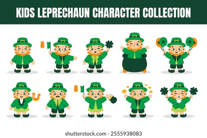 Kids leprechaun character vector illustration set