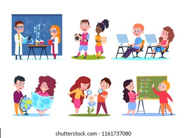 Kids in lessons. School children learning geography and chemistry, biology and math. Cartoon vector characters set. School education and learning, teaching discipline illustration