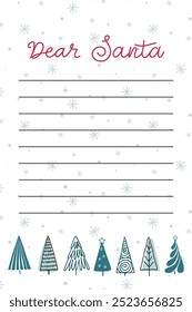 Kids Letter to Santa Claus. Santa wish list. Winter Holidays preparing. Merry Christmas and New Year celebration. Cute Hand drawn Template for Children. Vector illustration