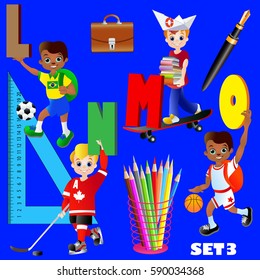 Kids with letters. Alphabet from L: to O. Set of school pupils. Different nationalities and dress styles. Vector illustration.