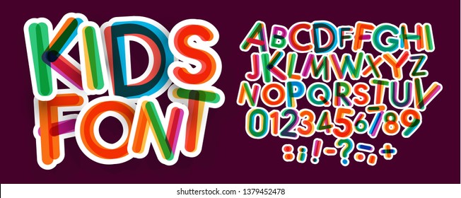 Kids letters and numbers set. Bold, colorful vector latin alphabet. Fonts for kids zone, promotions, logos, banner, kindergarten decoration. Typography design.