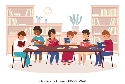 Kids In Library. Boys And Girls Reading Books At Table, Children Get New Knowledge Learning, Bookshelves In Reading Room Interior. Childish Bookstore Or Educational Club Concept Vector Illustration