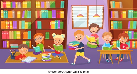 Kids Library. Children Study Together, Reading Books And Young Readers Club Vector Illustration. Boys And Girls Holding Textbooks And Learning Or Studying, School Literature Concept