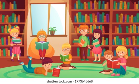 Kids in library reading books. Girls and boys learning, getting knowledge. Young students doing homework, studying. Children bookworms, preschool education, elementary pupils vector illustration