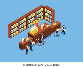 Kids in library rent books isometric 3d vector illustration concept 