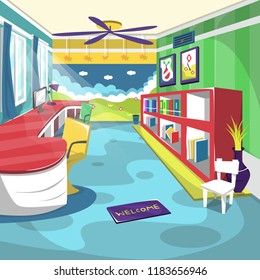 Kids Library School Room with Ceiling Fan, wall painting, globe, books in the cupboard for Cartoon Vector Illustration Interior