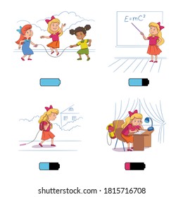 Kids and life energy battery concept. Girl loses energy charge during day. Schoolgirl answers lesson, jumps rope with friends. Tired child goes home, does homework. Vector character illustration