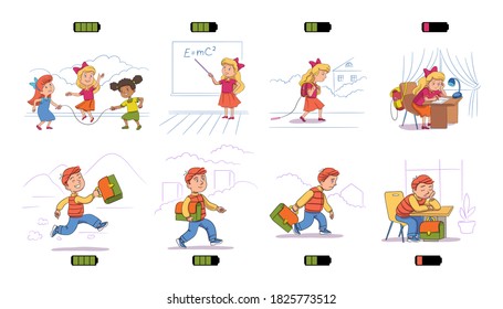 Kids and life energy battery concept. Girl and boy lose energy charge during day. Children answers lesson, jumps rope with friends, goes to school, does homework. Vector character illustration