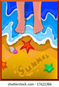 Kids and Life - enjoying with a cute young child on a tropical island on a background of beautiful blue water and sandy beach : vector illustration