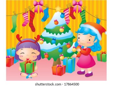 Kids Life with happy smiling cute young children and merry x-mas home party on background with yellow striped wallpaper and pink carpet : vector illustration