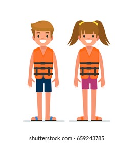 Kids in life vest.  Flat style vector illustration isolated on white background.