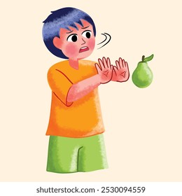 As crianças não gostam de frutas. Elas não gostam de comer frutas. Fruta. Picky Eater