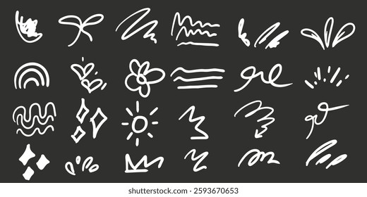 Kids line doodle scribble vector features scribble, stars, arrows, flowers, hearts, waves, spirals, rainbow, sun. Black and white board