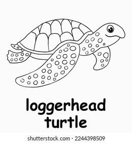 kids line illustration coloring loggerhead turtle. outline vector for children. cute cartoon characters