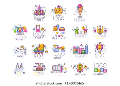 Kids line logo set. Paint palette with brush, castle, cat, rollers, rainbow with clouds, robot, cake with gifts, drawing pad and pen. Vector design