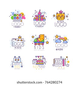 Kids line logo set. Paint palette with brush, castle, cat, rollers, rainbow with clouds, robot, cake with gifts, drawing pad and pen. Vector design