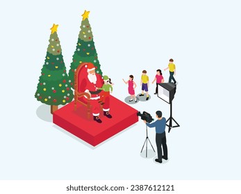 kids lining up in the mall waiting to take pictures with Santa Claus isometric 3d vector illustration concept for banner, website, landing page, flyer, greeting card, etc