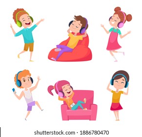 Kids listen music. Children leisure enjoying sound happy lazy teens exact vector cartoon illustrations