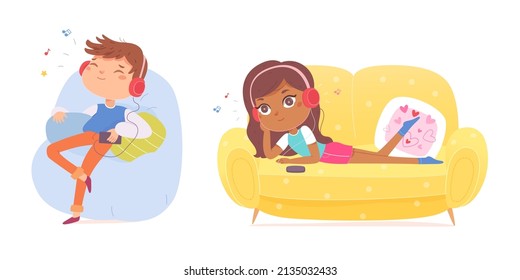 Kids listen music with headphones set vector illustration. Cartoon boy and girl enjoy sound, child lying on couch and sitting in armchair, lazy leisure of young person with headset isolated on white