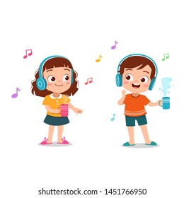 niños que escuchan ilustración de vector de música