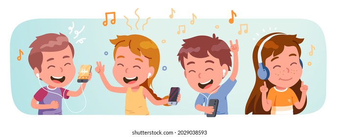 Kids listening music in wireless and wired headphones, dancing using mobile phones. Cute happy children people group gesturing enjoying music melody having fun. Flat vector character illustration