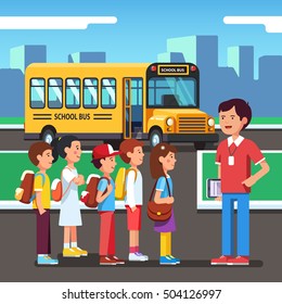 Kids listening to teacher training before bearding school bus. Pupils going to a city road trip. Colorful flat style cartoon vector illustration.