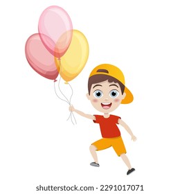 kids, little boy jump with colorful balloons on white background, cartoon illustration, vector. Birthday.Cute children having fun on birthday party. happy kids greeting card celebrate birthday vector