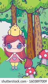 kids, little girl anime cartoon with chicken in head forest nature vector illustration