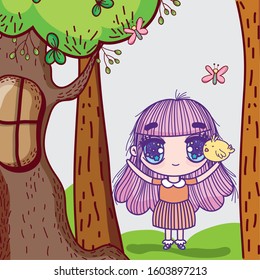 kids, little girl anime cartoon with tree chicken butterfly nature vector illustration