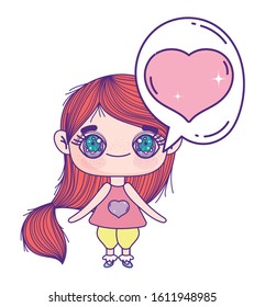 kids, little girl anime cartoon in love chat bubble decoration vector illustration