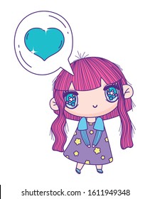 kids, little girl anime cartoon in love chat bubble decoration vector illustration