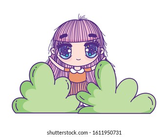 kids, little girl anime cartoon tree bushes foliage vector illustration