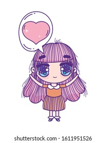 kids, little girl anime cartoon in love chat bubble decoration vector illustration
