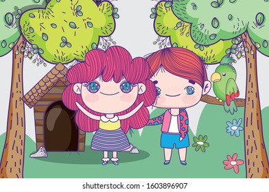kids, little girl and boy anime cartoon house trees flowers and parrot vector illustration
