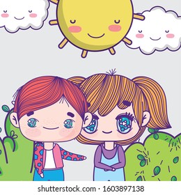 kids, little girl and boy anime cartoon sunny day sky vector illustration