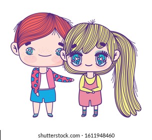 kids, little girl and boy anime cartoon characters vector illustration