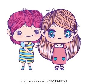 kids, little girl and boy anime cartoon characters vector illustration