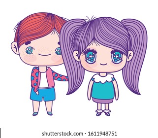 kids, little girl and boy anime cartoon characters vector illustration